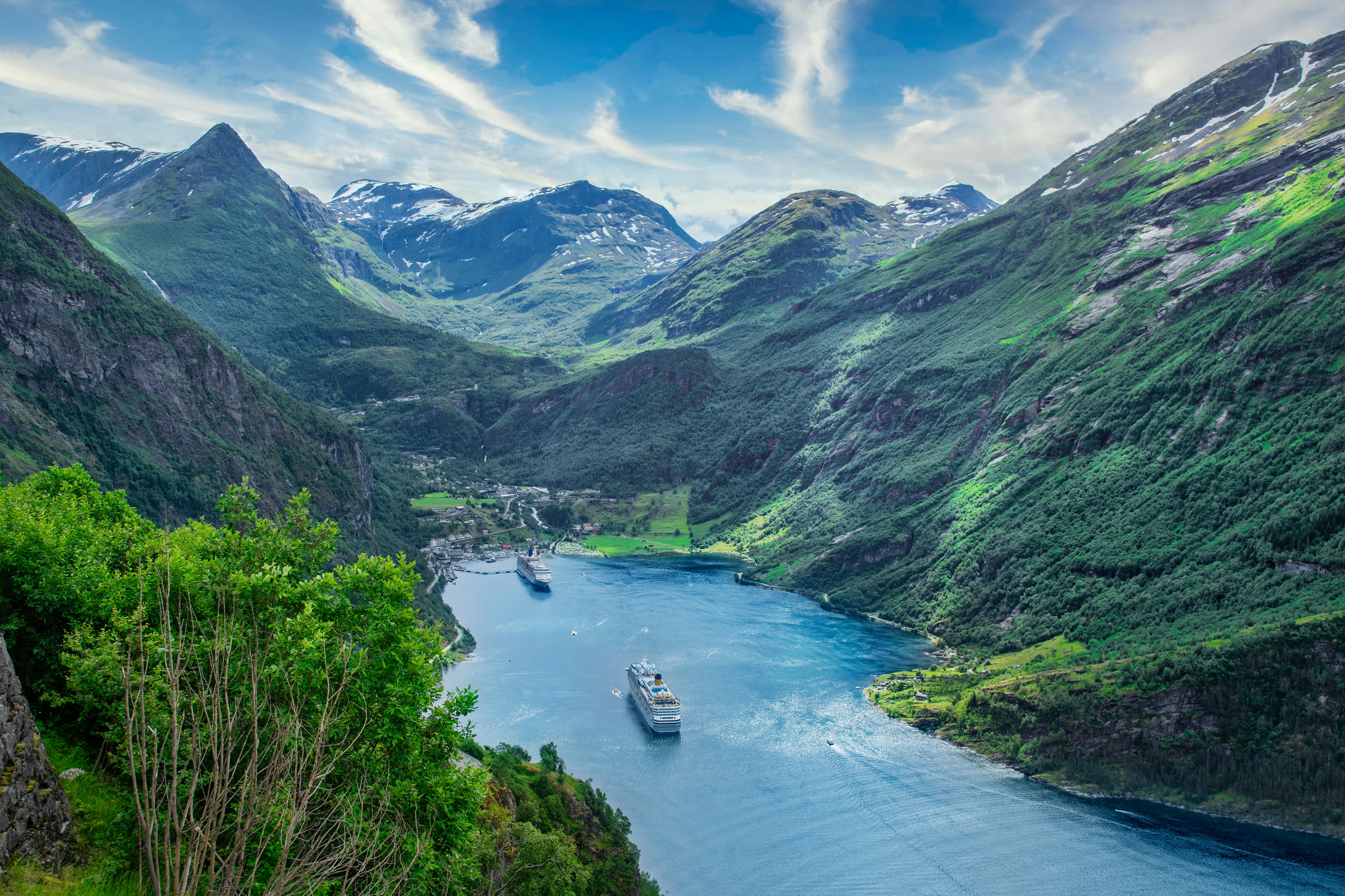 A majestic cruise ship sailing through the deep, green Scandinavian Fjords
